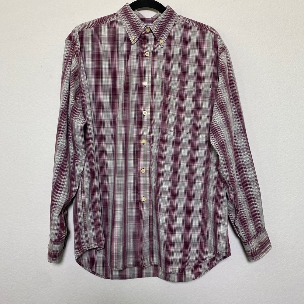 Puritan Mens Medium Plaid Button Down Shirt Wrinkle Resistant Burgundy Casual